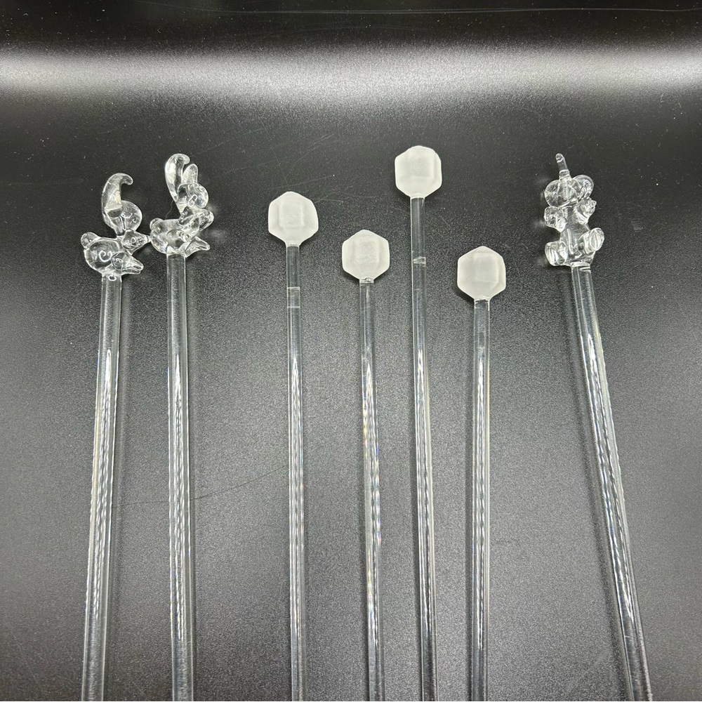 7 Vtg Hand Blown Clear Glass Elephant, Bunny & Octagon Sticks MCM Drink Stirrer